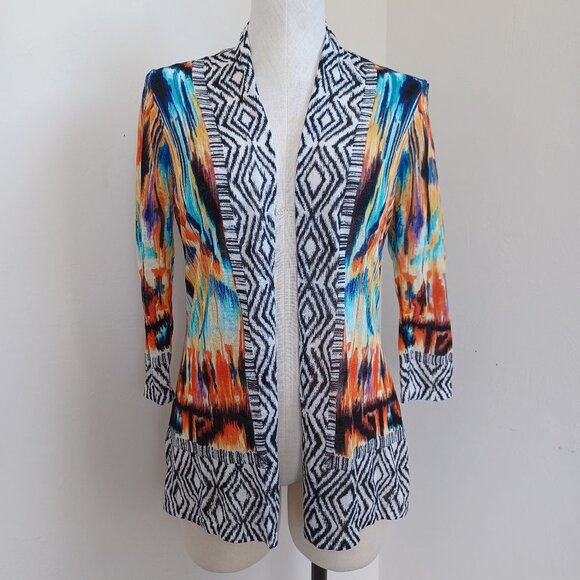 Chicos Cardigan Multi Color Aztec Open Front Animal Print Womens Medium - Picture 2 of 15
